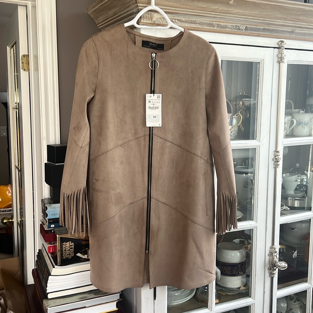 NWT ZARA Fringe Sleeve Faux Suede Jacket, M